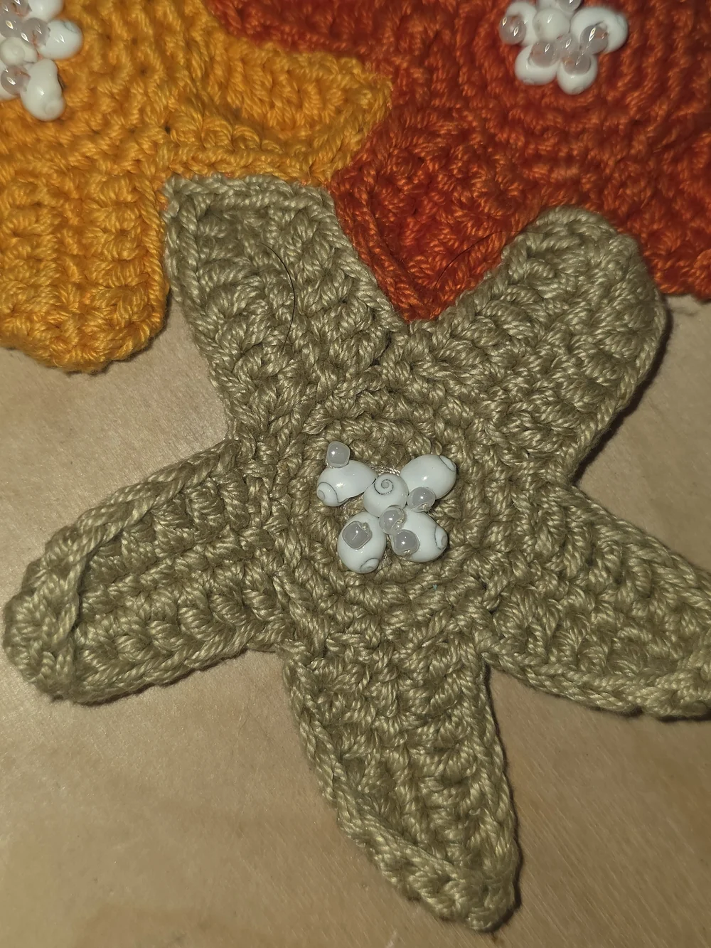 Handmade Crochet Flower Necklace in Mustard, Orange & Taupe